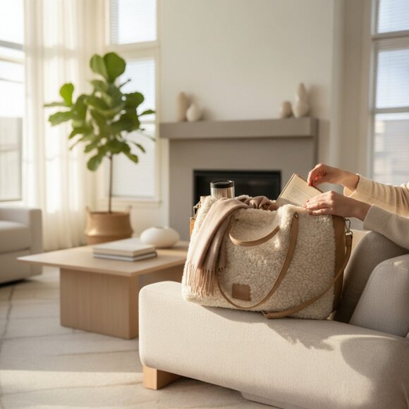 House Of Harlow 1960 Tan Cream Sherpa Shearling Detachable Wristlet Jumbo Tote - Picture 13 of 13